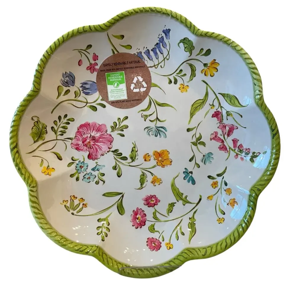 NEW Shabby Chic Floral Melamine Salad Plates 9in Set of 4 Scalloped Green Border